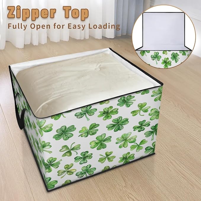 XL Large Clothes Storage with Lid Handle St.patrick's Day Large Thick Clothes Blanket Storage Containers for Organizing Bedroom Closet Comforter Green Shamrock Lucky Clover Leaf