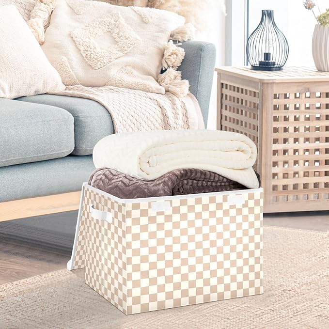 Brown Checkerboard Storage Baskets Lidded Bin Foldable Storage Boxes Cubes Lids with 2 Handles for Organizing Closet Home Office