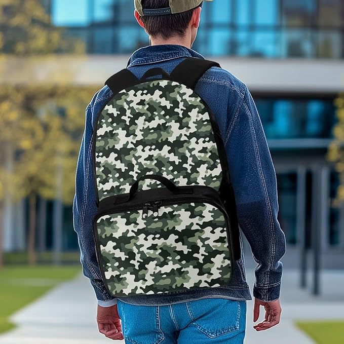 Backpack for Men Green Camouflage School Bag with Lunch Bag Lightweight Bookbag with Detachable Lunchbox for Travel Outdoor Casual Daypack