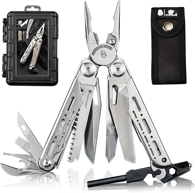 HX OUTDOORS 19 In 1 Multi Tool Pocket Knife Set Stainless Steel Multitool Pliers with Fire Starter and Glass Breaker Folding EDC Camping Survival Tools for Men (Silver)