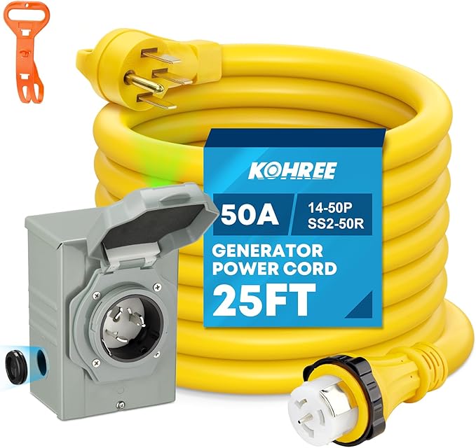 Kohree 50 Amp Generator Cord and Power Inlet Box Kit 25FT NEMA 14-50P to SS2-50R Generator Extension Cord 50Amp Pre-drilled Generator Inlet Box with Cable Waterproof Combo Kit 125/250V ETL Listed
