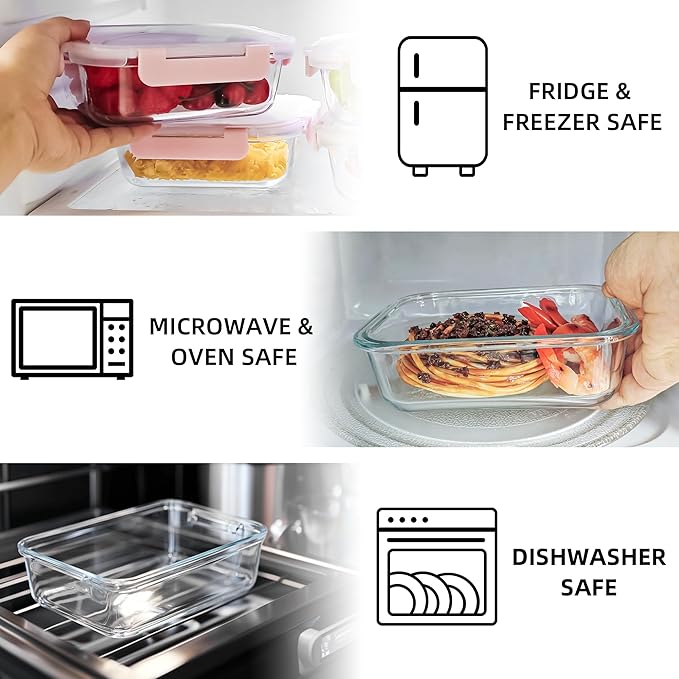 10 Pack 22 oz Glass Meal Prep Containers Food Storage Containers with Lids Airtight Leakproof Lunch Containers for Kitchen Freezer Microwave Dishwasher Safe (Pink)