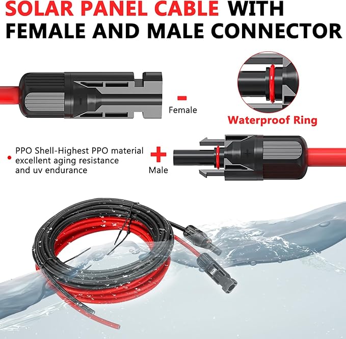 Vansdon 2x20 Feet Solar Panel Extension Cable 10AWG Solar Cable Solar Panel Cable with Female and Male Waterproof Connectors for RV Photovoltaic Systems (20FT Red + 20FT Black)