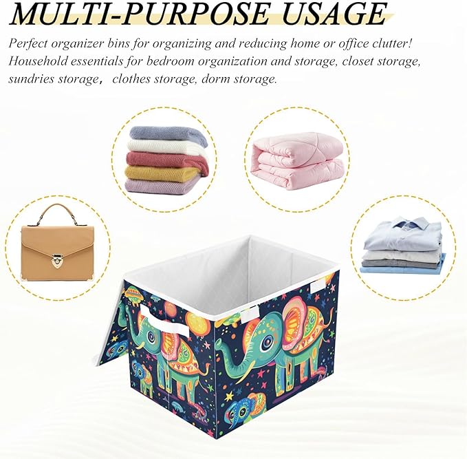 Collapsible Storage Bins with Lids Decorative Fabric Storage Cubes Closet Organizer and Storage Basket Boxes Containers for Clothes Box Chest Nursery Folding Rectangle Elephants Aliens Cartoo