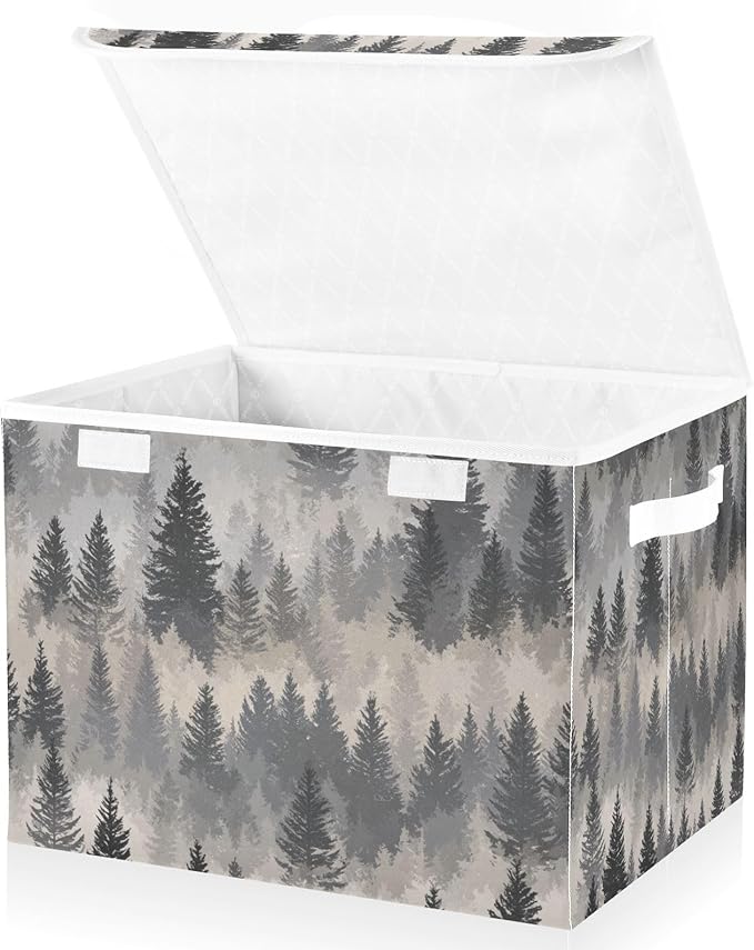Storage Bins with Lids Storage Containers Box Organizer Bin Basket with Handles for Closet Shelves Clothes Stackable Foldable Decorative Gray Simple Pine Tree Forest