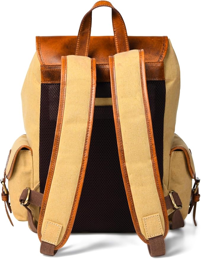 Leather Canvas Backpack Durable Vintage Large Travel Laptop Bag for Men &amp Women Work Hiking School (Tan)