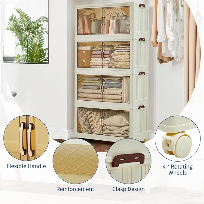 Garvee 192QT Stackable Storage Bins Plastic Bins for Storage with Lids Plastic Storages Drawers with Magnetic Doors &amp Wheels Foldable Collapsible Closet Organizers for Home Dorm Office White
