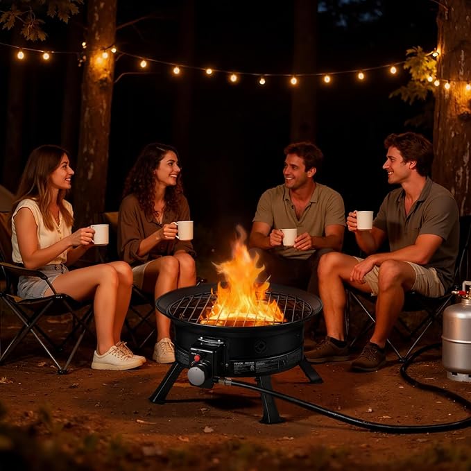 VEVOR Propane Fire Pit 24-Inch 53000 BTU Portable Gas Fire Pit with Grill Grate &amp Lava Rocks Adjustable Flame Folding LegsSmokeless Outdoor Firebowl for Camping Patio Backyard Deck RV B