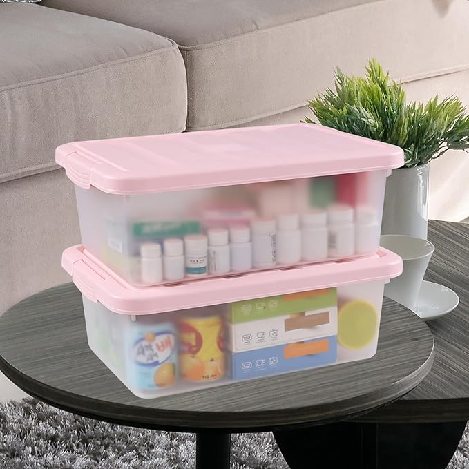 Rosebloom 14 Quart Plastic Storage Box Latching Storage Bin with Pink Lid 2 Packs