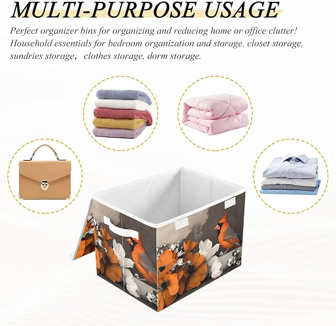 AIXIWAWA Lidded Storage Cube (Bird Flowers) Fabric Foldable Closet Bins with Flip Lid and Handles Organizer Basket Container 16.5 x 12.6 x 11.8 IN