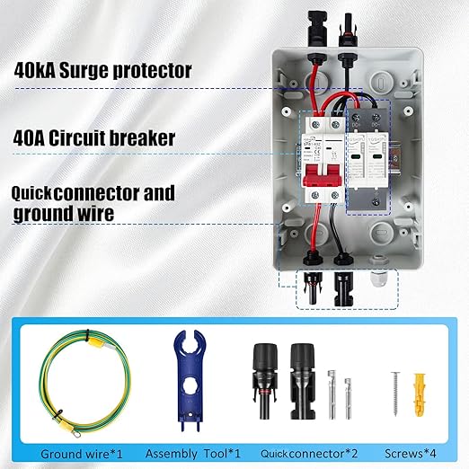 1 String 1000V PV Combiner Box 1 in 1 Out Single String 40A DC Circuit Breaker with Solar Disconnect Function Surge Protection IP65 Weather-Resistant Enclosure