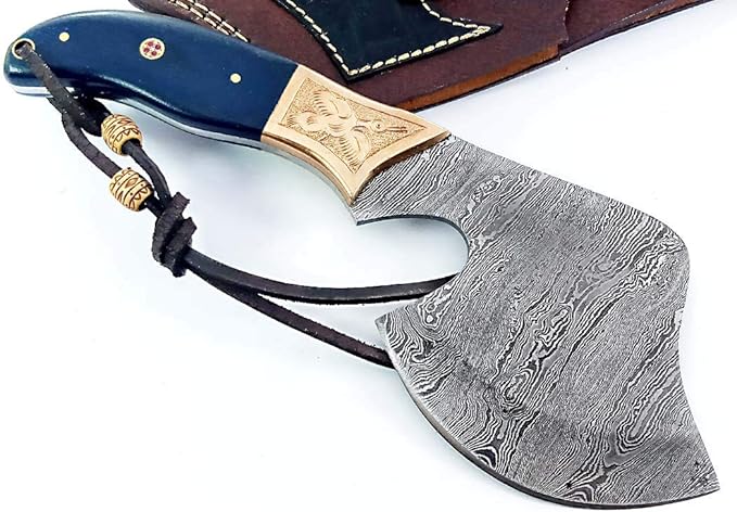 Dessi Handmade Damascus Steel Axe Hatchet Blue Micarta Handle Brass Eagle Engraving Leather Sheath Camping Bushcraft EDC Tomahawk Gift Men SM46