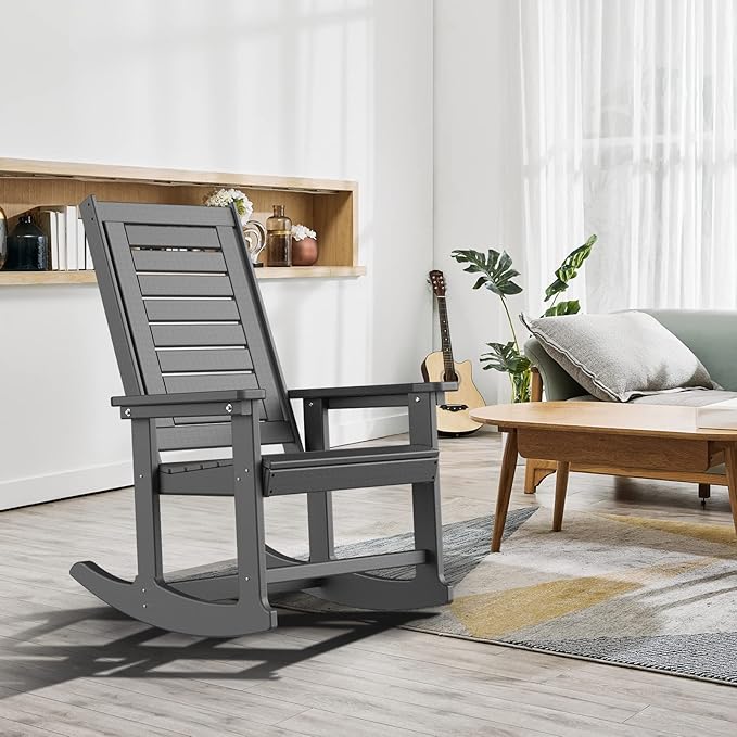 GREENVINES Outdoor Rocking Chairs | Set of 4 | Porch Rocker | HDPE Plastic | Grey | Oversized Rockers | High Back | Big &amp Tall | Ladder Back | for Patio Outside Backyard Balcony Garden
