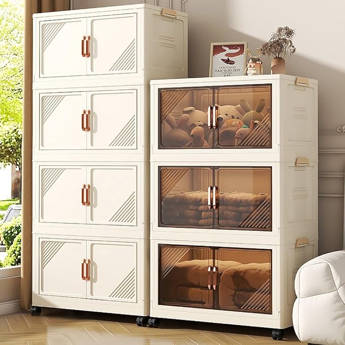 Storage Bins Stackable Folding Plastic Storage Containers with Clear Lids Multi Layer Organizer for Home Dorm Office Closet Bedroom Living Room