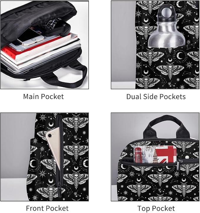 Unisex Backpack Casual Rucksack Big Capacity gothic moth skull sun moon black and white Bookbag with Padded Straps Anti Theft Rucksack for Travel Hiking Camping