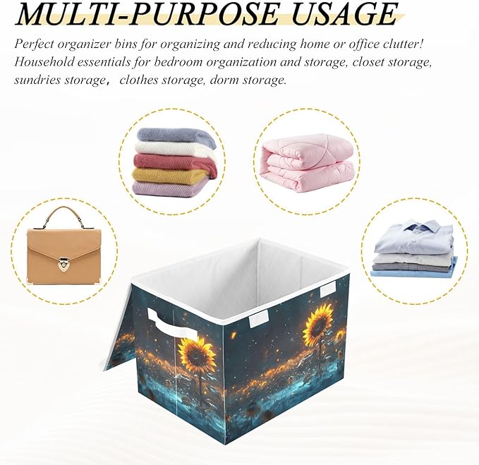 AIXIWAWA Lidded Storage Cube (Shining Sunflower) Fabric Foldable Closet Bins with Flip Lid and Handles Organizer Basket Container 16.5 x 12.6 x 11.8 IN