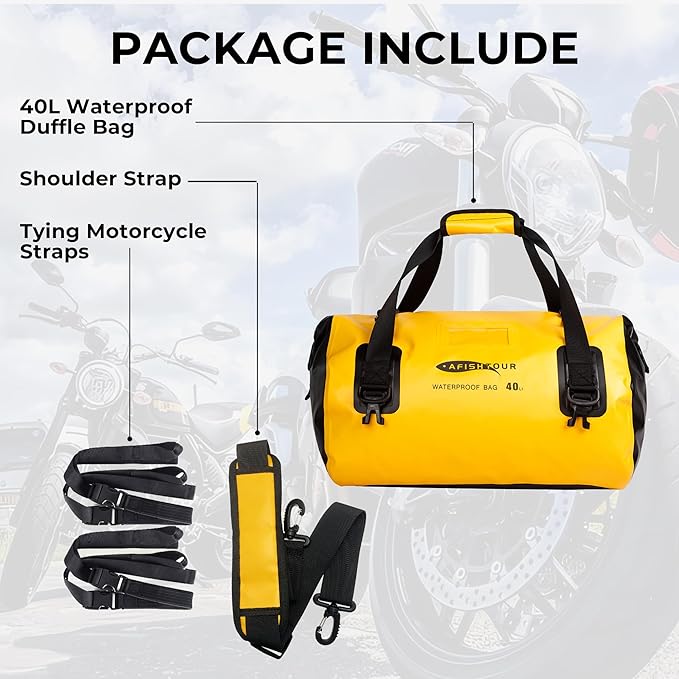40L Waterproof Motorcycle Duffel Bag - Motorcycle Luggage Tail Bag with Straps for Back Seat - Roll Top Dry Bag for Kayaking Rafting Boating Camping Travel Beach (Yellow)