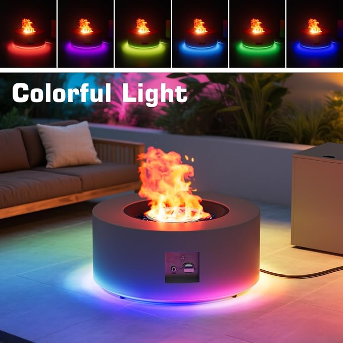 2-Piece 30 LED Round Propane Fire Pit for Outside Patio with Hidden Tank Table 50000 BTU Fireplaces with Lid Glass Rocks Cover(Dark Grey w/RGB Light)