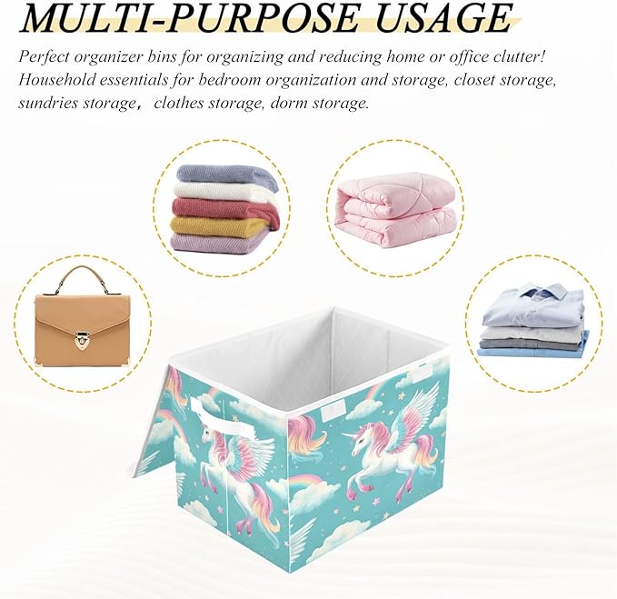 Cartoon Unicorns Rainbow Star Collapsible Storage Bins with Lids Decorative Fabric Cubes Closet Organizer Basket Boxes Containers for Clothes Box Chest Folding Rectangle