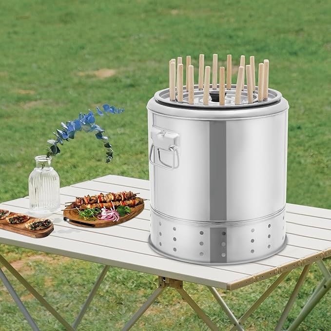 Portable Charcoal Grills 2 in 1 Vertical Smoker 360° Smokeless Stainless Steel BBQ Grill Barrel for Outdoor Barbecue Camping And Backyard Cooking (Medium-20 Skewers)