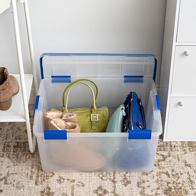 IRIS USA WeatherPro 60 Qt Storage Bins with Lids 3 Pack BPA-Free Plastic Gasket Box with Tight Latch and Seal Stackable Nestable Tote Tub - Clear/Blue