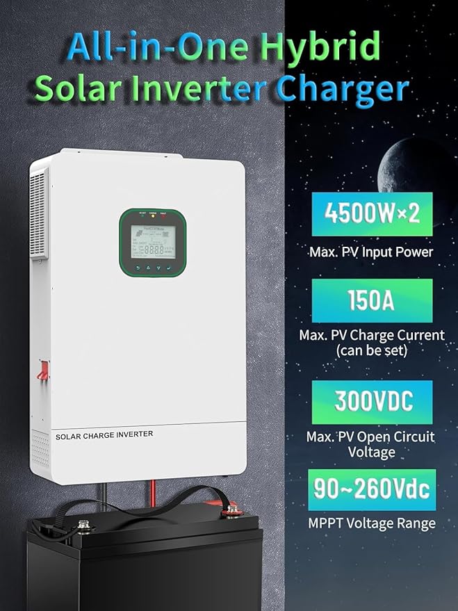 All in One 6500W Solar Hybrid Inverter Pure Sine Wave Inverter with Single PhaseMAX 6 Parallel Work with 48V DC to 110V AC Lead Acid/LiFePO4 for Home RVs (6.5KW-WiFi)