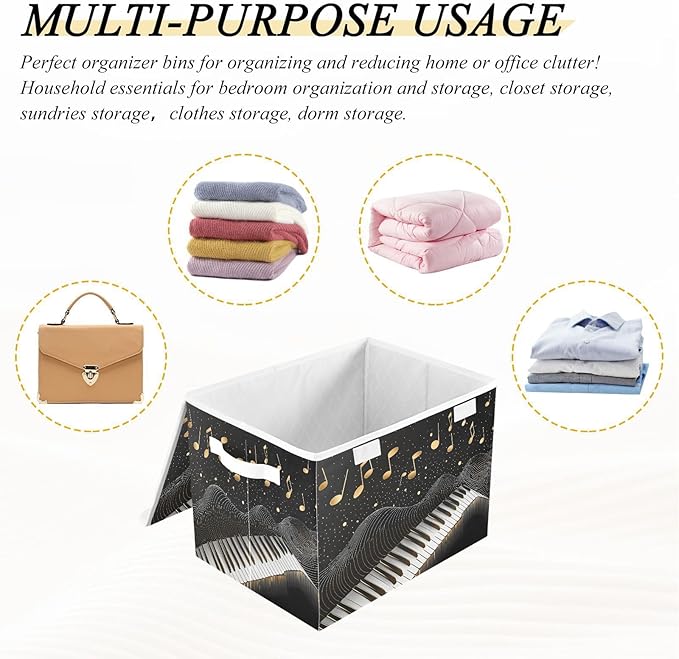 Foldable Storage Bin Basket with Lid - Piano Keys Gold Music Notes Large Collapsible Storage Box Organizer for Home Office &amp Books Clothes Storage 16.5x12.6x11.8
