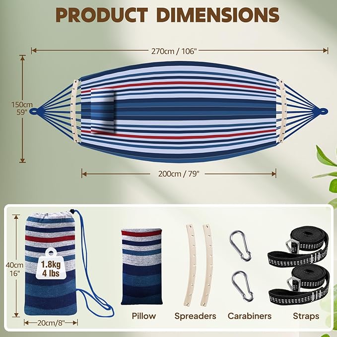 Chihee Cotton Hammock Holds Up to 660lbs Fabric Hammock 8.9x4.9ft Soft Portable Tree Hammocks Camping with Detachable Spreader Bar Pillow 2 Strong Webbings 2 Carabiners Indoor Outdoor Backyard Garden