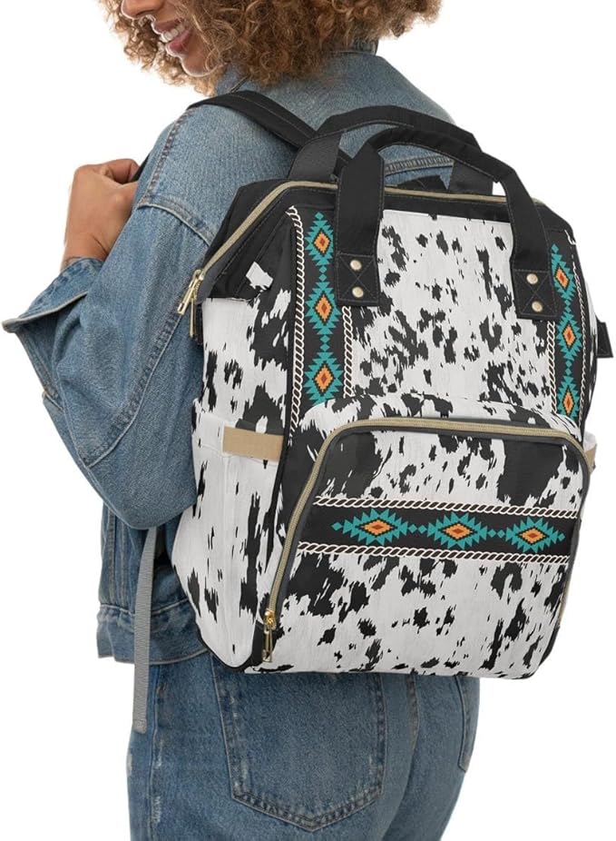 Cowhide Aztec Diaper Backpack/Cow Print Travel bag/Southwestern Shoulder bag/Cowgirl Bag/Trendy Aztec Western Bookbag/Western Carry On