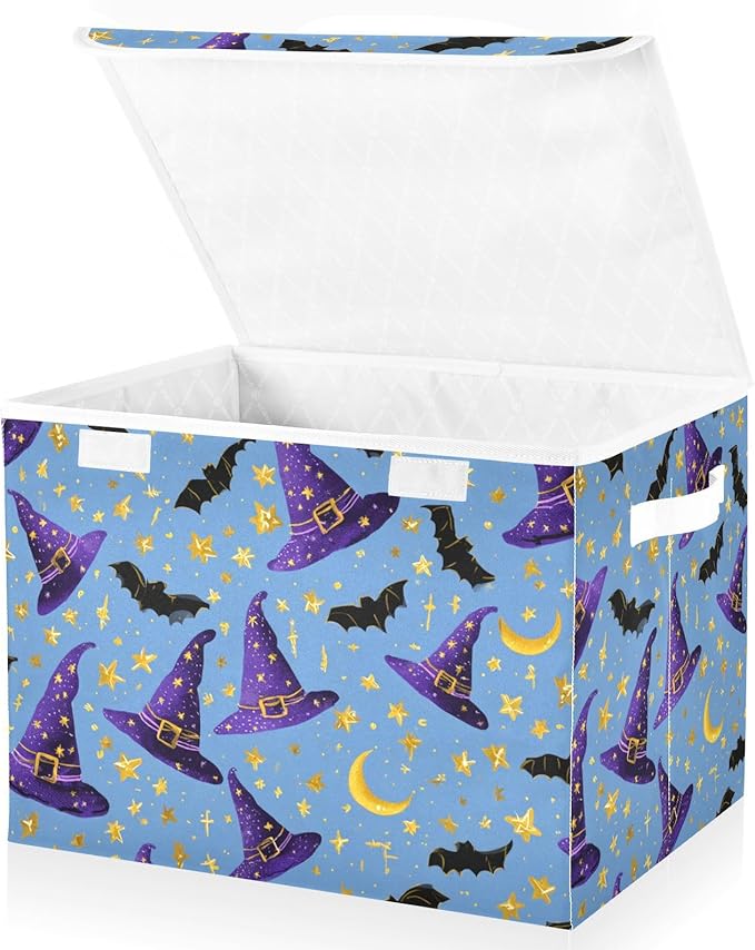 Halloween Wizard Hats Moons Stars Storage Box with Lid 1 PC Foldable Storage Bin with Lids Stackable Storage Bins Cube Closet Organizer Basket with Flip-Top Lid &amp Handles for Shoes Books To