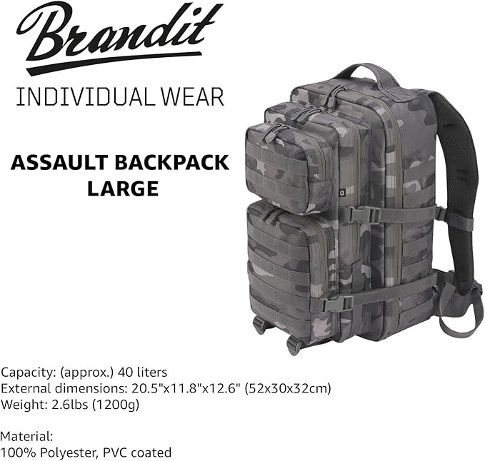 Brandit Individual Wear Assault Large 40-Liter Durable Water-Resistant Multi-Functional Active Outdoor Backpack with Adjustable Padded Shoulder Straps &amp MOLLE/D-Rings Attaching Systems Gray Camo