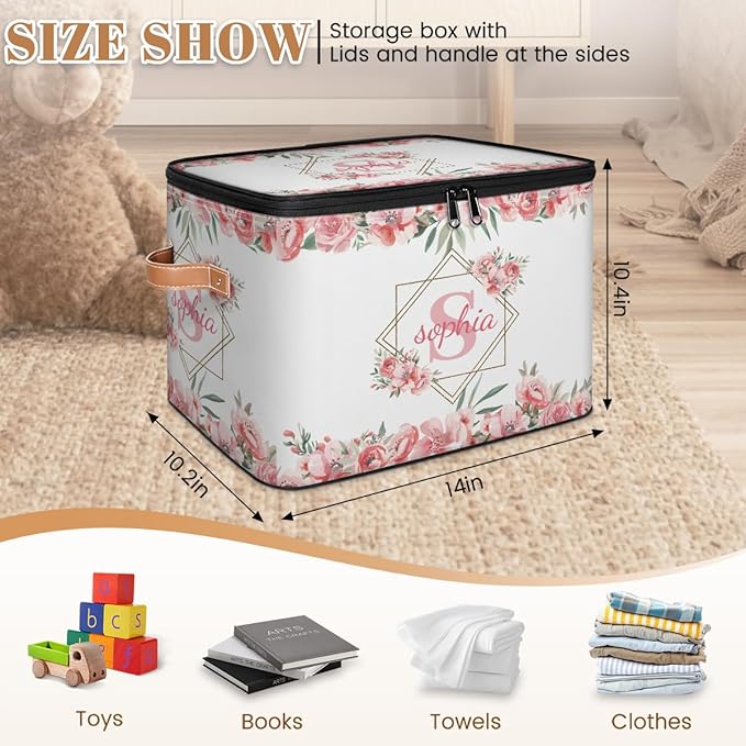 Custom Initials Storage Bins with Lid Foldable Personalized Storage Basket Boxes with Handle Pink Flower Shelf Basket Closet Organizer Cube