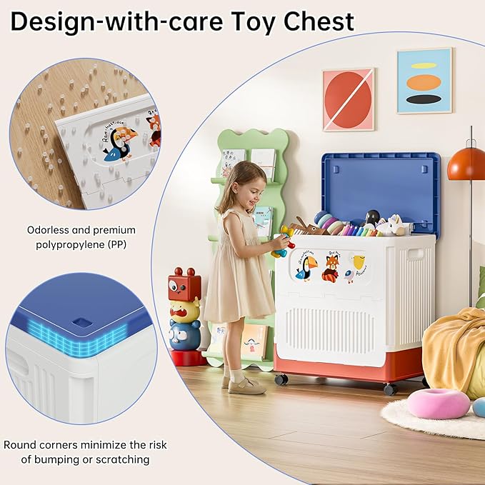 HAIXIN Storage Bin with Lid - 60 QT Plastic Storage Box with Wheels 14.8 Gal Flip-top Organizer for Clothes Large Toy Chest with Animal Stickers for Kids White Bin with Blue Lid and Red Base