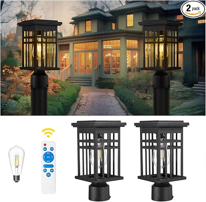 zeyu 2 Pack Solar Exterior Post Lamp Light 12 Inch Dusk to Dawn Outdoor Lamp Post Light for Patio with Remote Die-Cast Aluminum with Clear Glass Shade Black Finish 20068-P-2 SL BK