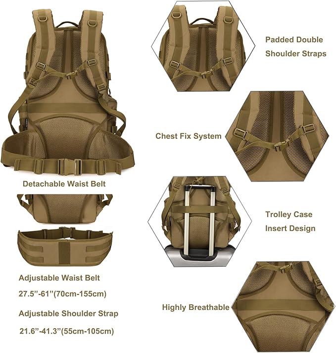 50L Military Tactical Backpack Molle Rucksack Large Army 3 Day Assault Pack Heavy Duty Backpack for Men (Brown)