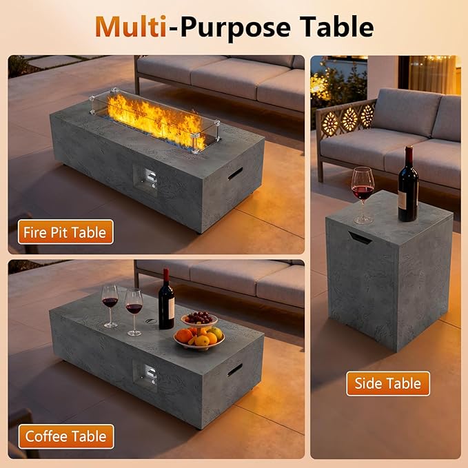 2-Piece 42 Rectangular Propane Fire Pit for Outside Patio with Hidden Tank Table 50000 BTU Fireplaces with Glass Wind Guard Lid Glass Rocks Cover(Grey Rock Veins)