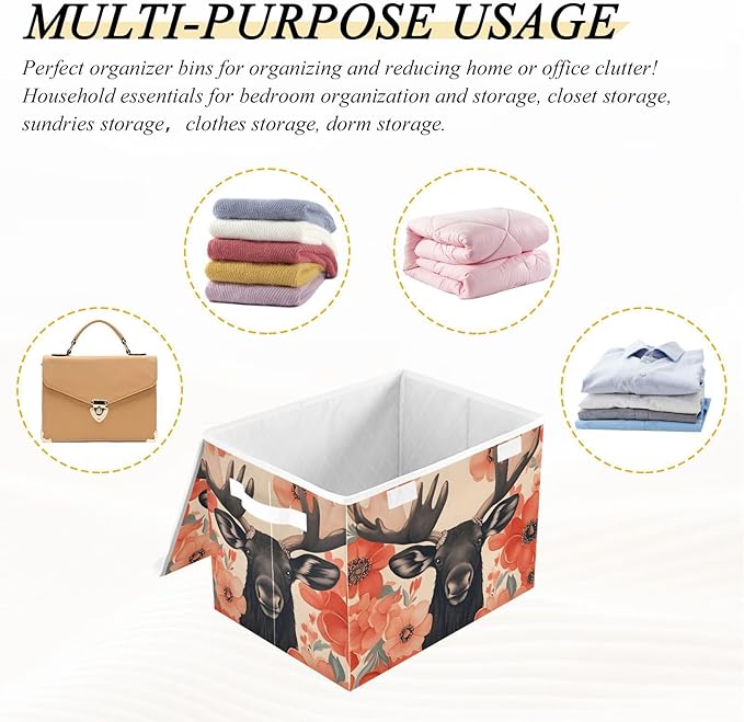 Storage Cube with Lid Floral Moose Print 16.5×12.6×11.8 IN Collapsible Large Capacity Foldable Storage Basket Bin Organizer