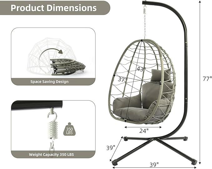LEX CRAFT Egg Chair with Stand Swing Chair Hanging Chair Nest Basket UV Resistant Removable &amp Washable Cushions350LBS Capacity for Bedroom Balcony Garden(GR-GR)