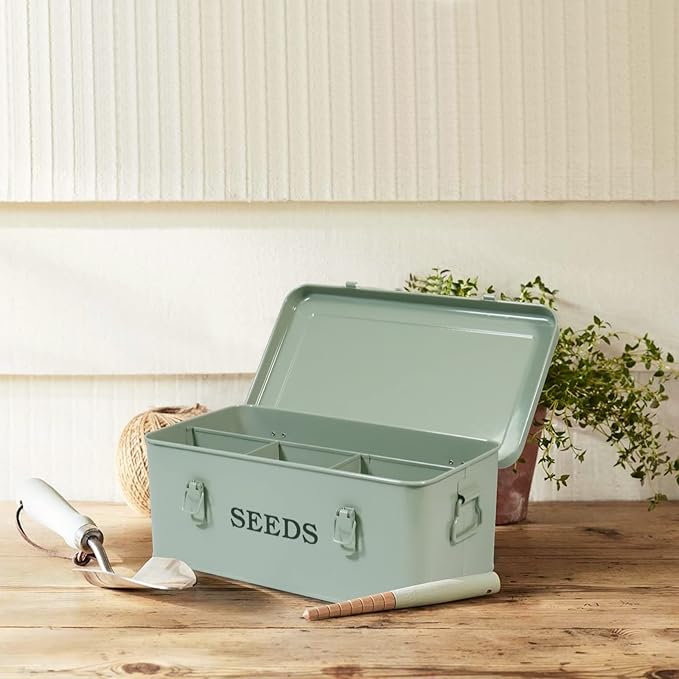 Seed Saving Box Metal Seed Bin Seed Storage Organizer Box Seed Packet Container with Lid Seed Envelope Storage Box 4 Compartments Garden Seed Bin with Safety Locks-Green