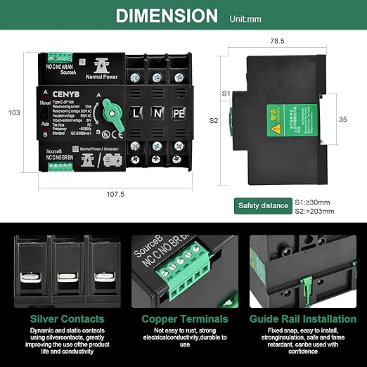PV - Dedicated Automatic/Manual Transfer Switch Mini ATS Solar Auto Dual Power Switch 3P 100A AC110V Uninterrupted Power Supply DIN Rail Mount Toggle Changeover Module