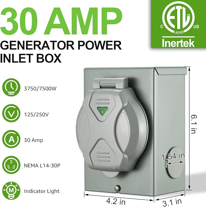 TOPSHINE 30 Amp Generator Inlet Box NEMA L14-30P 125/250V 3750/7500W ETL Listed Weatherproof Outdoor Electrical Box with Pre-Drilled Holes &amp LED Indicator for RV/Home Emergency Backup
