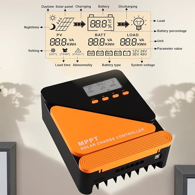 60A 100V MPPT Solar Charge Controller 12V/24V Auto Adaptive Dual 5V/3A USB Charging Port for LiFePO4 LA Lithium TL Gel Flooded and AGM Battery
