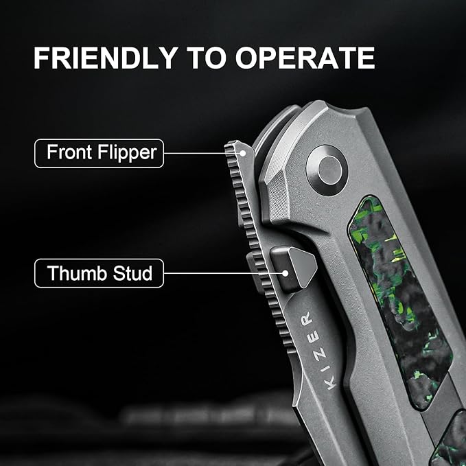 Kizer Feweed Pocket Knife 2.98 S90V Clip Point Blade Folding Knife with Titanium &amp Fat Carbon Toxic Storm Handle Front Flipper &amp Thumb Stud Opener EDC Knives for Camping Hiking KI3694A2