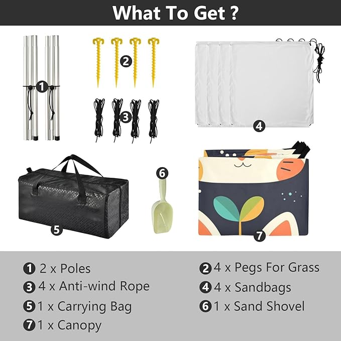 Cute Cats Face with Grass Foldable Beach Canopy UPF50+ Waterproof Shade Sun Shelter with Sandbags &amp Sand Shovel for Camping Picnics Backyard &amp Fishing