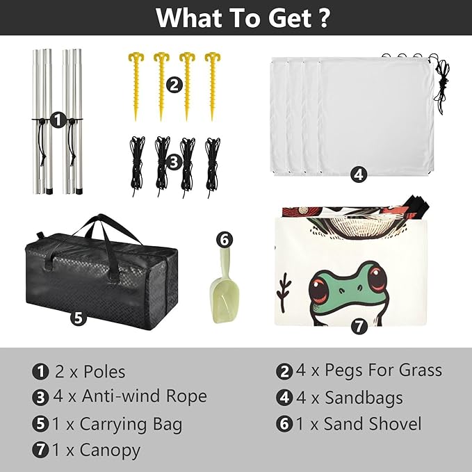 Frogs and Mushrooms Beach Tent Sun Shelter Set UPF50+ UV Protection 10.5 x 9.19 FT Camping Shade Canopy with Sandbags Sand Anchors Carrying Bag and Others