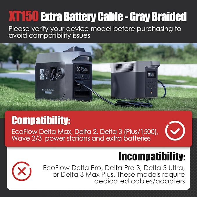 XT150 Extra Battery Cable Compatible with EcoFlow Delta Max Delta 2 Delta 3 (Plus/1500) Wave 2/3 - Not work with Delta Pro Delta Pro 3 Delta 3 Ultra or Delta 3 Max Plus Models - 20 Inchs
