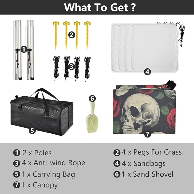 Skulls and Roses Beach Tent Sun Shelter Set UPF50+ UV Protection 10.5 x 9.19 FT Camping Shade Canopy with Sandbags Sand Anchors Carrying Bag and Others
