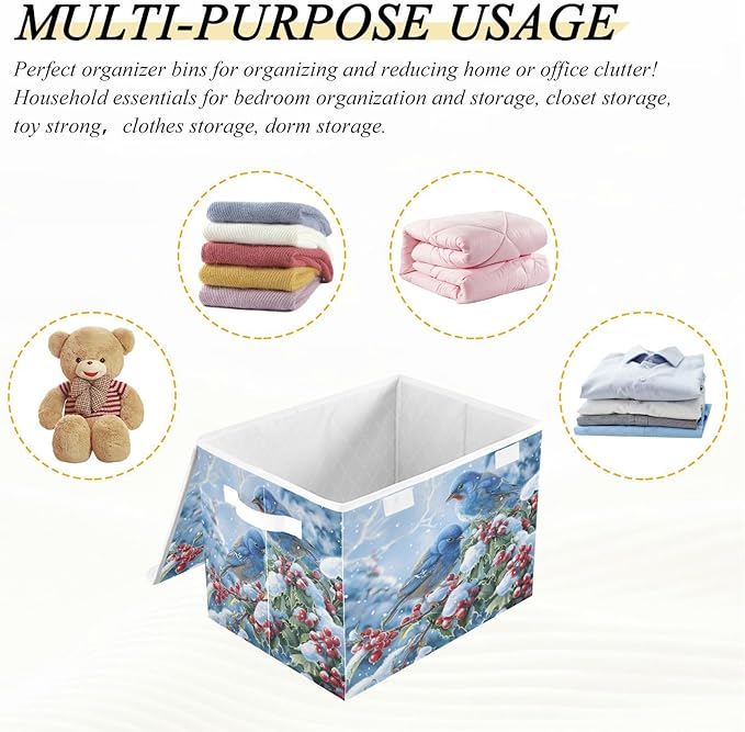 senya Winter Baskets Collapsible Storage Bins with Lids Blue Bird Evergreen Branch Storage Boxes Clothes Baskets for Organizing