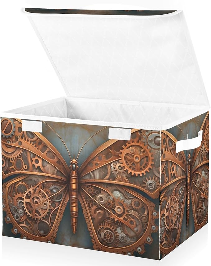 Steampunk Butterfly Storage Cube with Lid Collapsible Flip-top locker Fabric Storage Bins Basket with Handle for Home Bedroom Closet Office 16.5×12.6×11.8 in