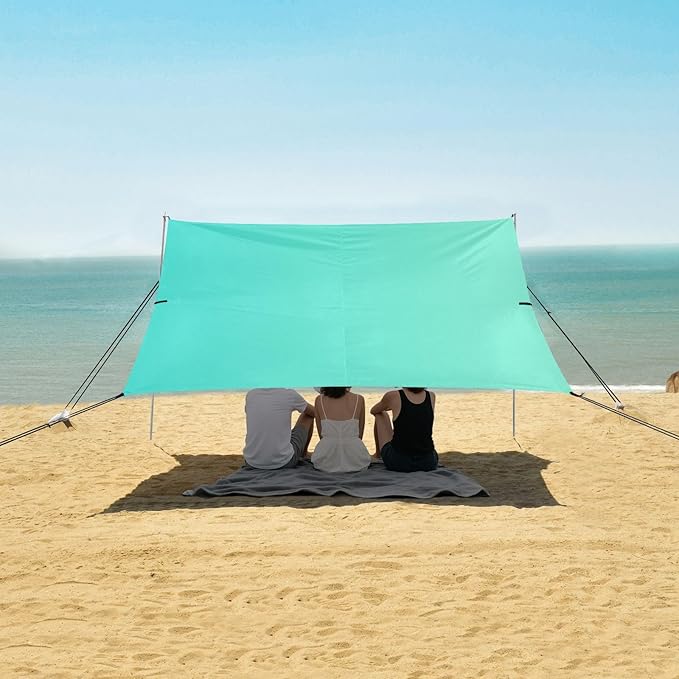 Turquoise Gradient Beach Cabana UPF50+ Protection Water-Resistant Sun Shelter with Sandbags and Shovel for Family Trips Picnics &amp Camping